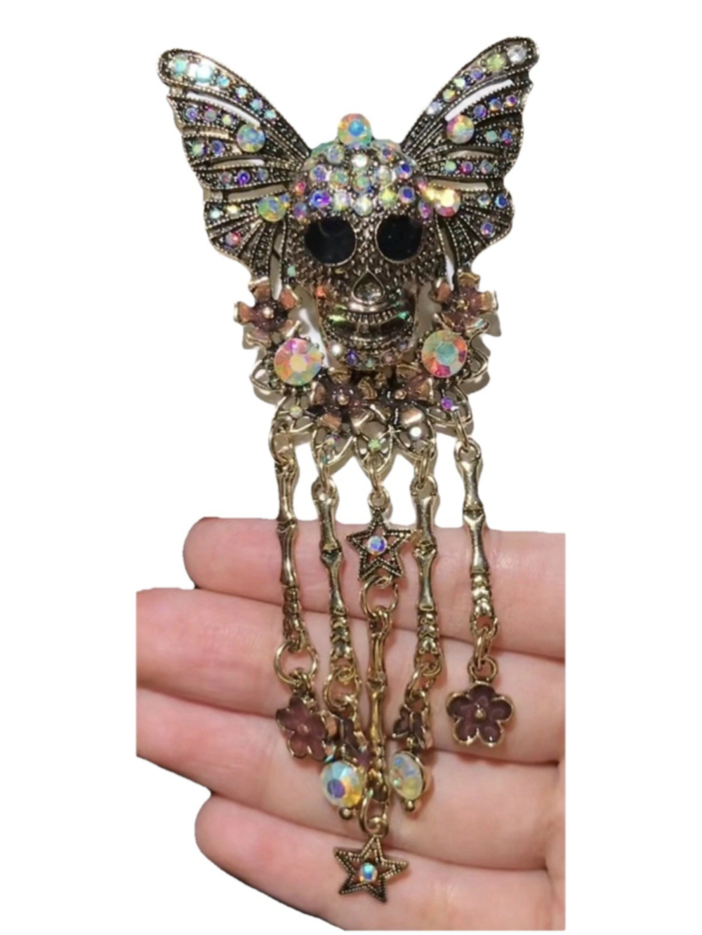 Gothic Skull Wings Statement Jewelry Crystal Boho Brooch GoldTn Pin For Choker